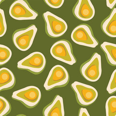 Cute avocado isolated on color background. Avocados with leaves and slice. Natural delicious fresh ripe tasty summer fruit. Vector illustration for packaging, card, other design. Food concept.