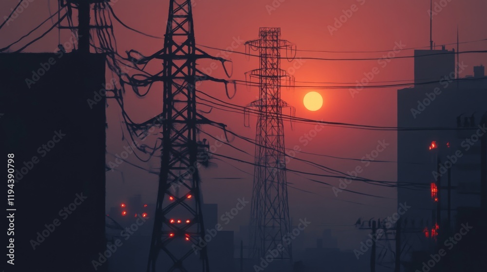 Poster detailed view of an electricity transmission tower at dusk, with power lines illuminated by the sett