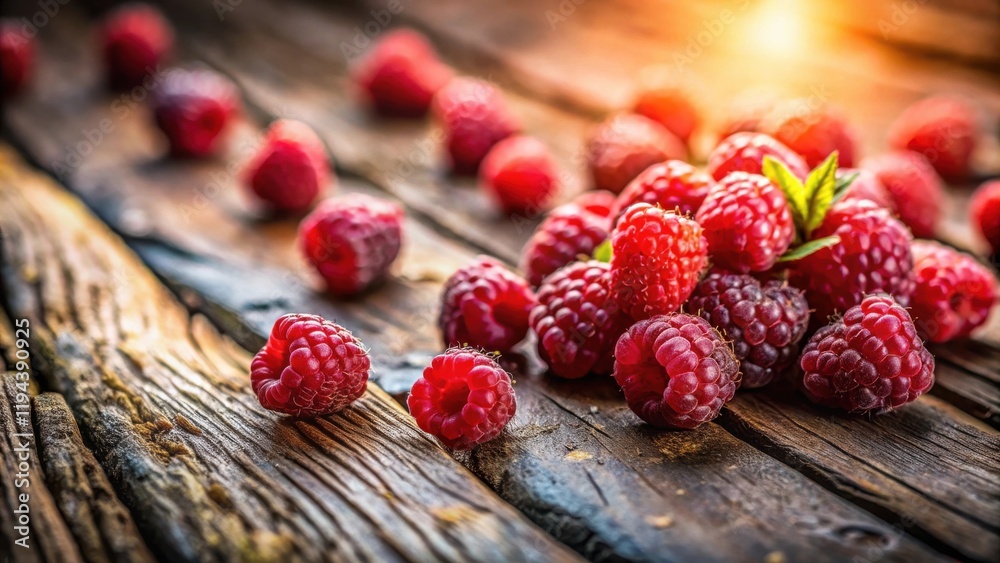 Poster rustic wooden surface with a pile of fresh raspberries and a few scattered around