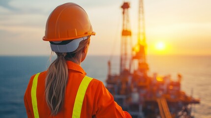 A woman in safety gear observes a drilling rig at sunset, highlighting the oil and gas industry's work environment.