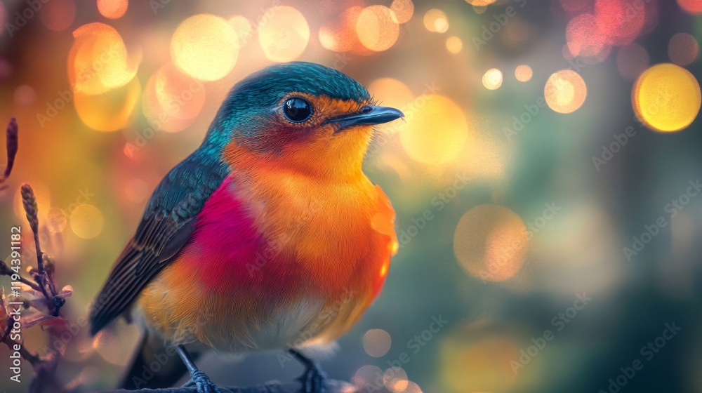 Fototapete Detailed view of a colorful bird in sharp focus, with a softly glowing background of light patterns that create a harmonious and visually appealing contrast.