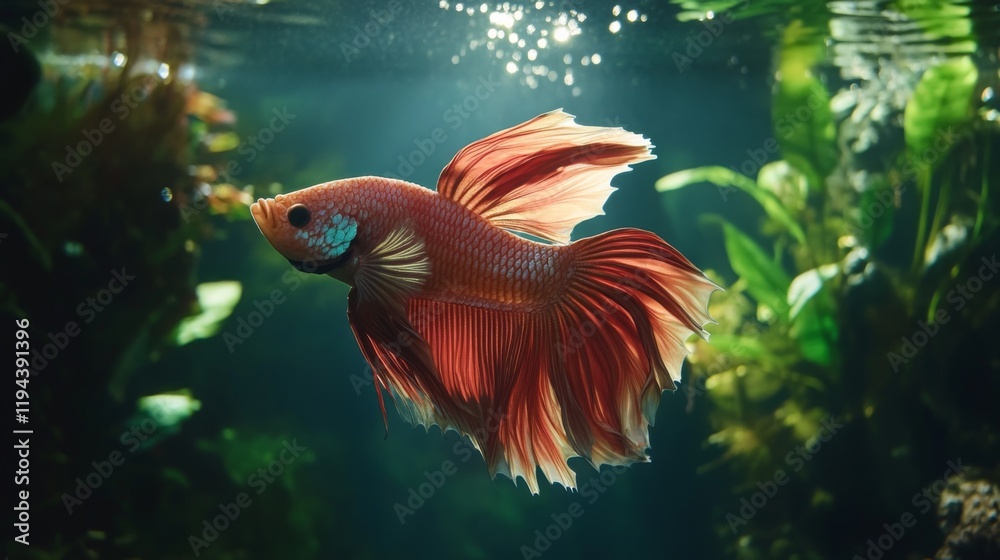 Poster Detailed view of a majestic Betta fish with a full display of its colorful fins and dynamic posture, set against a lush underwater plant backdrop.