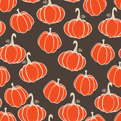 Seamless pattern with pumpkins on color background. Vector hand drawn sketched pumpkin. Autumn illustration for holidays, Halloween. Various food items in doodle style.