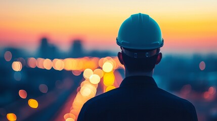 A construction worker in a hard hat gazes at a vibrant sunset over a cityscape, symbolizing ambition and future possibilities.