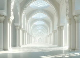 A long, white corridor with Islamic geometric patterns on the walls, creating an atmosphere of tranquility and spirituality. Light streams in from above through arched openings. 