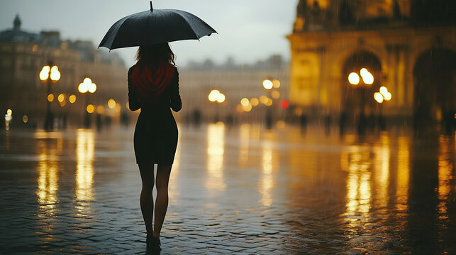Artistic shot of a woman holding an umbrella walking through a city at night with glowing lights.