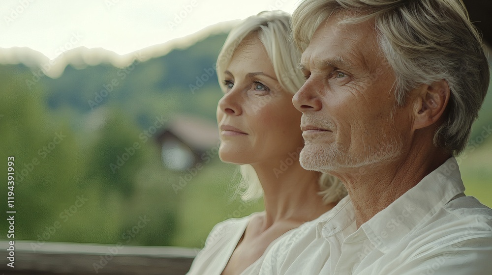 Aufkleber a senior couple enjoying a scenic train ride while looking out the window at rolling hills stock pho