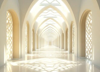 Naklejka premium A long, white corridor with Islamic geometric patterns on the walls, creating an atmosphere of tranquility and spirituality. Light streams in from above through arched openings. 