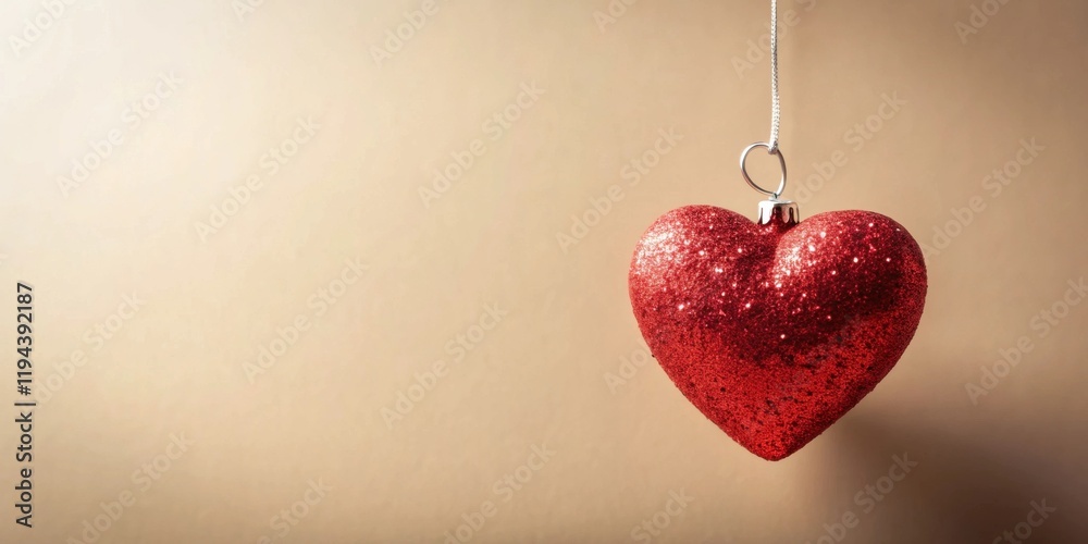Poster a sparkling red heart ornament hanging on a string against a neutral background