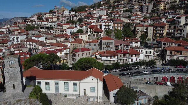 Aerial approach to Arachova, a ski resort close to Delphi, Greece