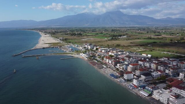 Aerial view of Paralia Katerini with the mount Olympus in the background, Greece