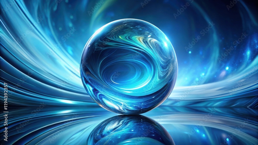 Poster Abstract Blue Orb Reflecting Swirling Energy Within a Dynamic, Futuristic Setting