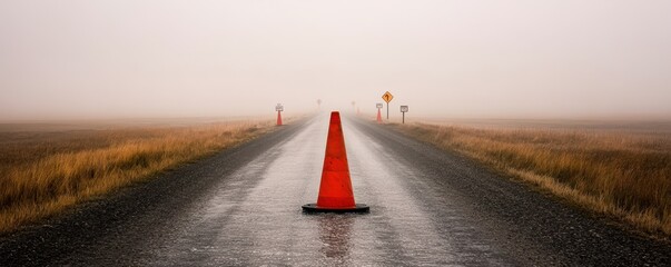 Black ice warning. Orange cone on a foggy road with blurred signs in the background.