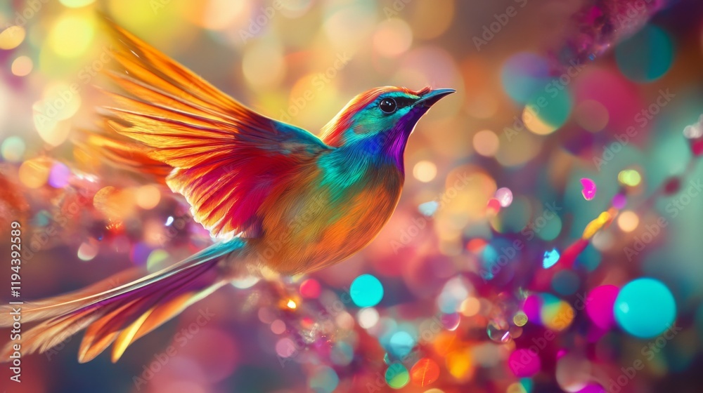 Poster High-definition shot of a bird with bright, iridescent feathers, set against a backdrop of abstract, multicolored lights for a dynamic and eye-catching composition.