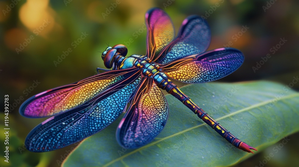Poster High-definition shot of a dragonfly resting on a leaf, with a focus on its intricate wing patterns and colorful body, set against a natural backdrop.