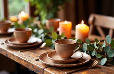 Fototapeta premium A charming dining table showcases rustic dishware, glowing candles, and fresh greenery for a warm vibe