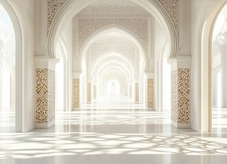 Fototapeta premium A long, white corridor with Islamic geometric patterns on the walls, creating an atmosphere of tranquility and spirituality. Light streams in from above through arched openings. 