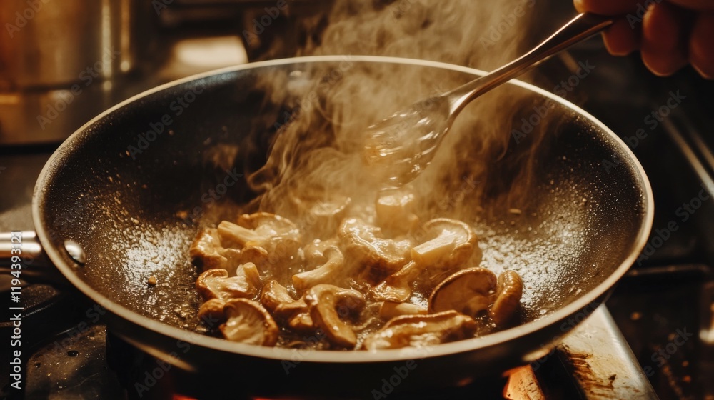 Poster High-definition shot of a shiitake mushroom being sauted in a pan, capturing the sizzling action and the golden-brown color developing on the mushrooms.