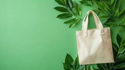 Beige canvas tote bag placed on a pastel green background, concept of sustainable fashion and environmentally friendly choices