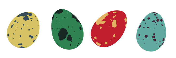 Set of decorative color quail egg silhouette isolated on white. Realistic beautiful bird egg with spots for Easter Day or spring holiday decoration. Vector stock illustration.