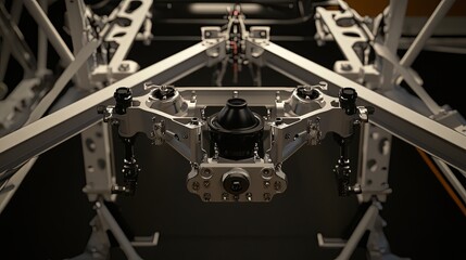 Close-up of an airplane wheel compartment, highlighting the intricate wheel mechanism and surrounding metal structure with a narrow depth of field to emphasize the mechanical details.