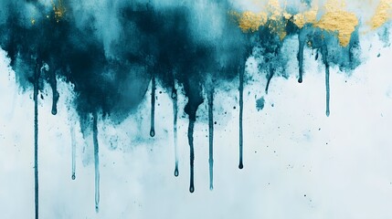 Abstract Teal and Gold Watercolor Dripping Paint