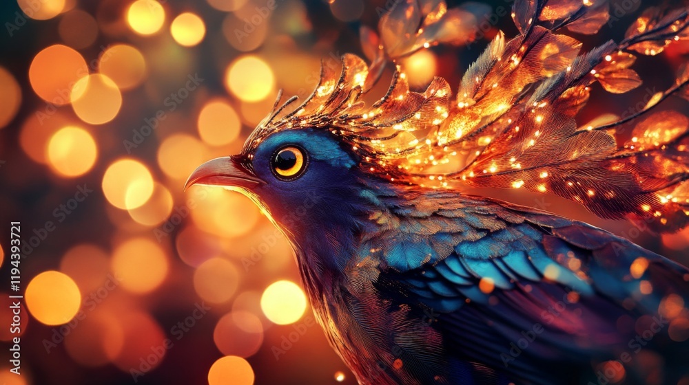 Poster high-resolution close-up of a beautiful bird with intricate plumage, set against a backdrop of warm,
