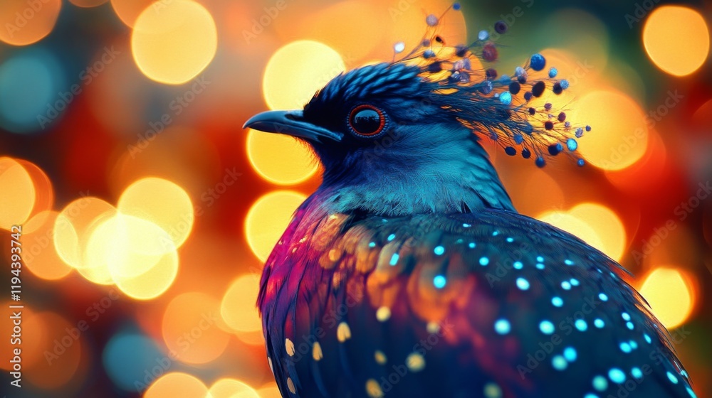 Poster high-resolution close-up of a beautiful bird with intricate plumage, set against a backdrop of warm,
