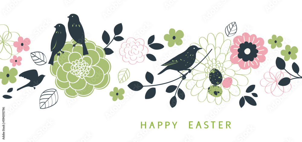 Aufkleber happy easter design template. holiday white background with forest bird sitting on twig on horizonta