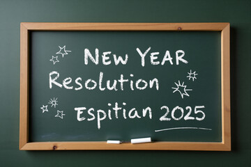 Obraz premium Inspirational quote on a chalkboard with 2025 New Year resolution ideas written around it. 