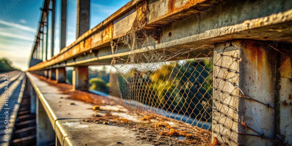 Poster rustic bridge railing with aged metal and chain-link fence, showcasing the effects of time and natur