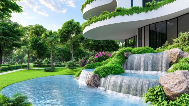 Serene modern garden with cascading waterfall and lush greenery