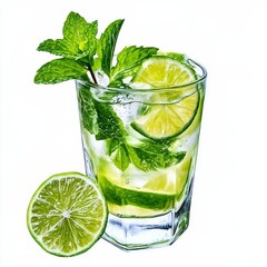 A classic mojito with mint leaves and lime slices, presented against an isolated white background, pop art style