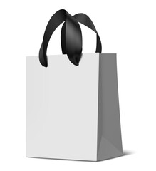 Decorative realistic ecological white paper bag mockup with black silk ribbon handles for shopping isolated on white with shadow. Vector stock illustration.	