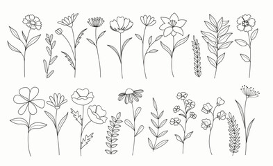 Fototapeta premium Flower spring outline clip art set. Spring flowers black and white drawing lines clipart in doodle, hand drawn and sketch flat collection. Vector illustration floral elements set. 
