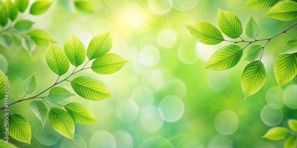 Poster vibrant green leaves and soft bokeh background ideal for springtime designs