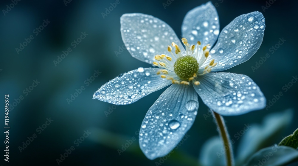 Aufkleber High-resolution view of a flower with dew drops on its petals, featuring a soft focus on the droplets to emphasize their sparkling and fresh appearance.