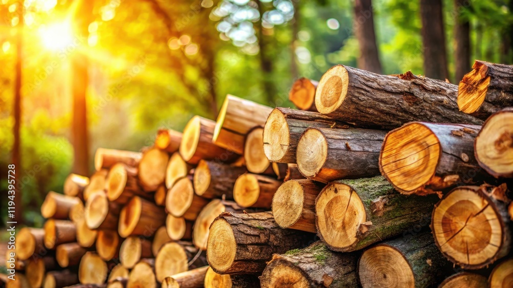 Poster a sunlit stack of freshly cut timber logs in a forest setting