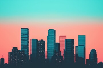 A vibrant city skyline at sunset, showcasing silhouettes of skyscrapers against a gradient pink and turquoise sky.