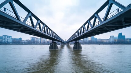 Fototapeta premium Bridge Structure Over Water with Cityscape in Background