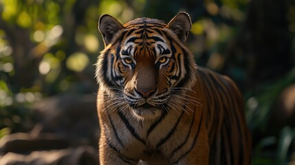 Fototapeta premium Closeup of a tiger's face, with its piercing eyes and intricate stripes blending into the background.