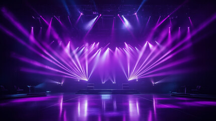 Obraz premium Empty stage background in purple color, spotlights, neon rays. Abstract background of neon lines and rays. Abstract background with lines and glow. Empty stage the reflection of neon lights.