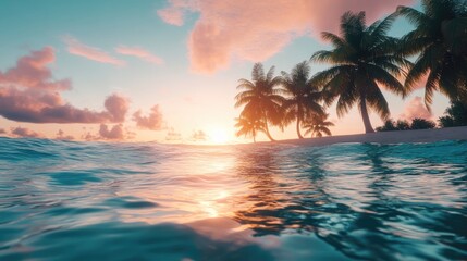 Fototapeta premium Closeup of calm sea waves gently lapping the shore, with palm trees silhouetted against a vibrant sunset sky. Tropical paradise vibes.