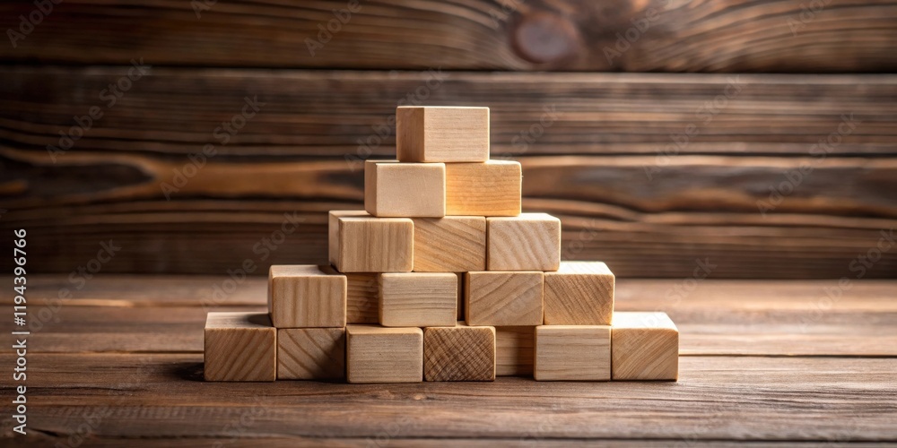 Poster wooden blocks arranged in a pyramid shape on a rustic wooden surface