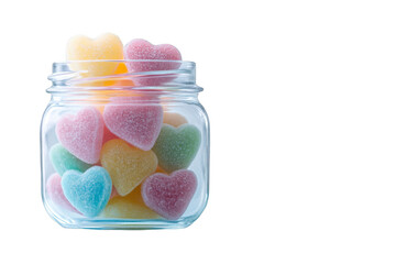 Colorful heart shaped candies in glass jar