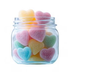 Colorful heart shaped candies in glass jar