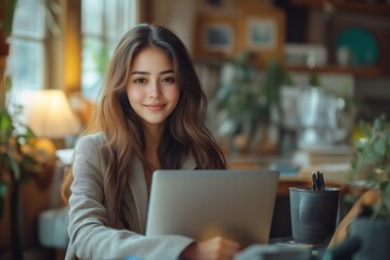 Fototapeta premium Busy young business woman executive using laptop in office. Smiling asian businesswoman company employee sitting at work desk, professional female hr manager looking at pc computer at workplace