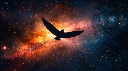 Fototapeta premium Majestic bird soaring through a colorful cosmic backdrop under a starry sky