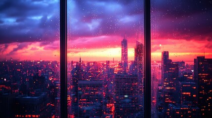 Rainy Cityscape at Sunset: A Breathtaking View from a Window