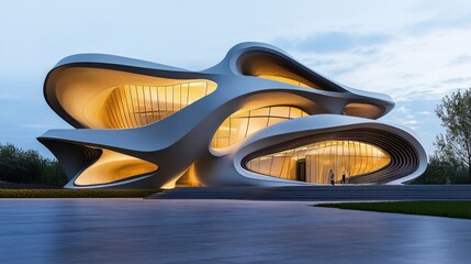 Fototapeta premium Modern Architectural Marvel with Unique Curves and Illuminated Design